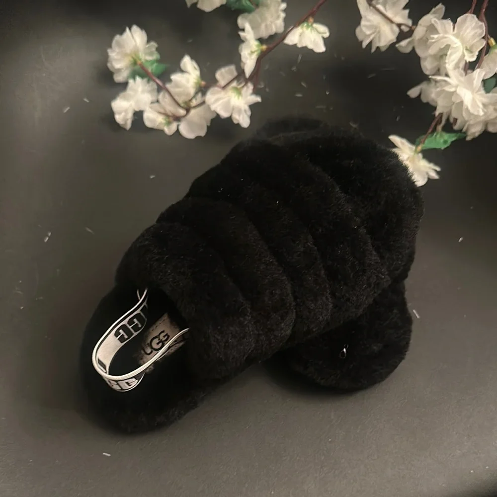 UGG Black Plush kids Slippers Cozy Indoor Footwear